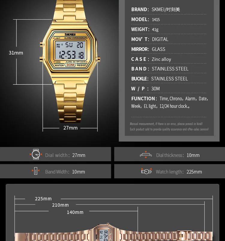 Skmei Women's Digital Sports Waterproof Bracelet Watch Luxury Stainless Steel Strap Shock Resistant Led Chronograph Alarm Clock