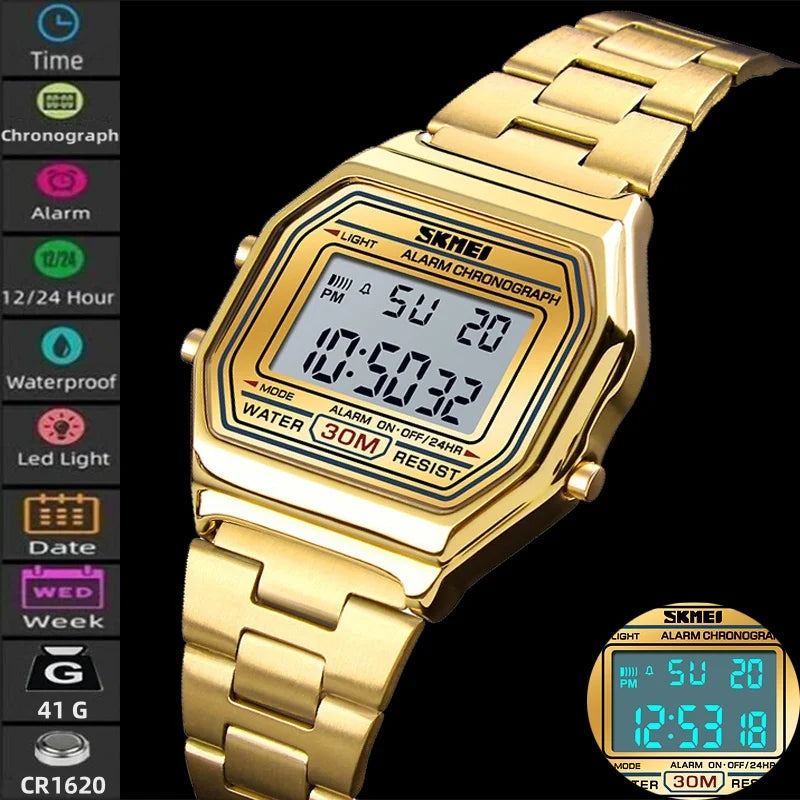 Skmei Women's Digital Sports Waterproof Bracelet Watch Luxury Stainless Steel Strap Shock Resistant Led Chronograph Alarm Clock