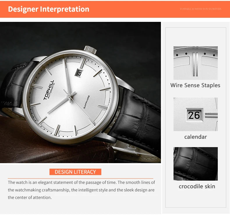TOPHILL Stainless steel  Automatic Mechanical Men Watches High Quality Men Luxury Leather Watch Waterproof Bussiness Wristwatch