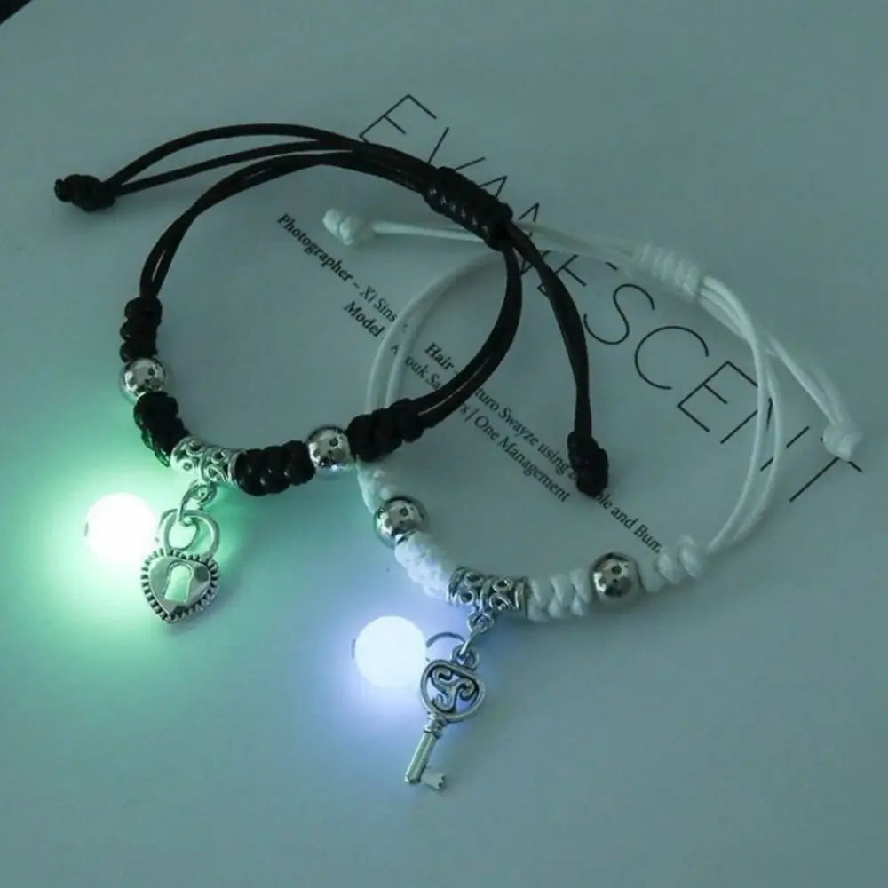 2Pcs Adjustable Luminous Beads Couple Bracelet Woven Rope Star Charms Bracelet Set Flower Key Lock Friendship Bracelet