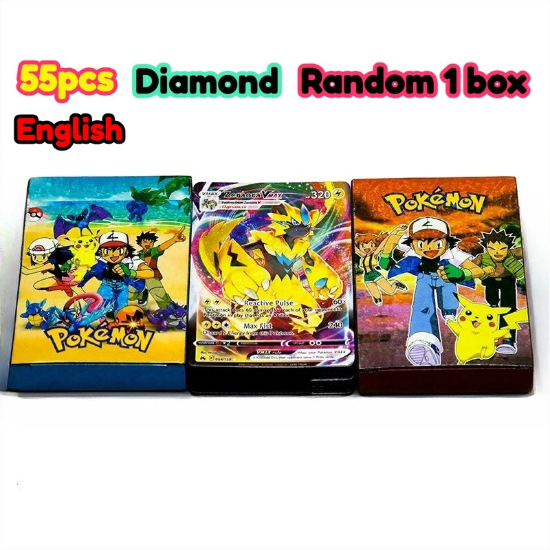 55pieces Pokemon Pikachu cards gold silver black Vmax GX Vstar English Spanish French German Combat Card Collection Toys Gift