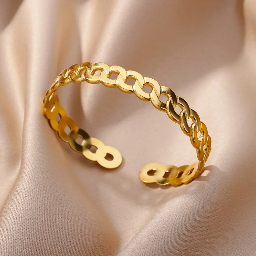 Gold Plated Bangle Bracelet for Women Open Adjustable Stainless Steel Cuff Bracelets Vintage Jewelry free shipping item pulseras