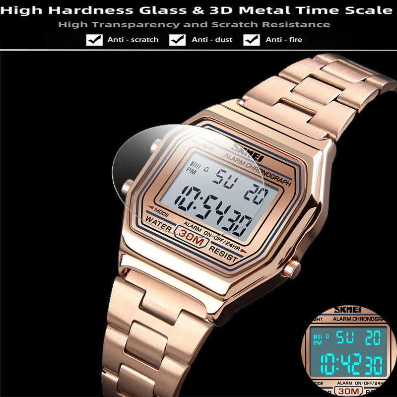 Skmei Women's Digital Sports Waterproof Bracelet Watch Luxury Stainless Steel Strap Shock Resistant Led Chronograph Alarm Clock