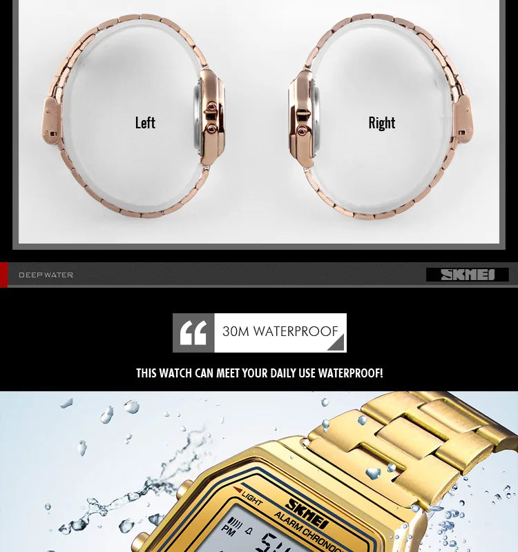 Skmei Women's Digital Sports Waterproof Bracelet Watch Luxury Stainless Steel Strap Shock Resistant Led Chronograph Alarm Clock