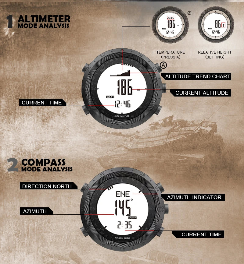 NORTH EDGE DESERT Men's Smart Watch Altimeter Barometer Compass Military Army Smartwatch Swimming Running Clock Waterproof 50m