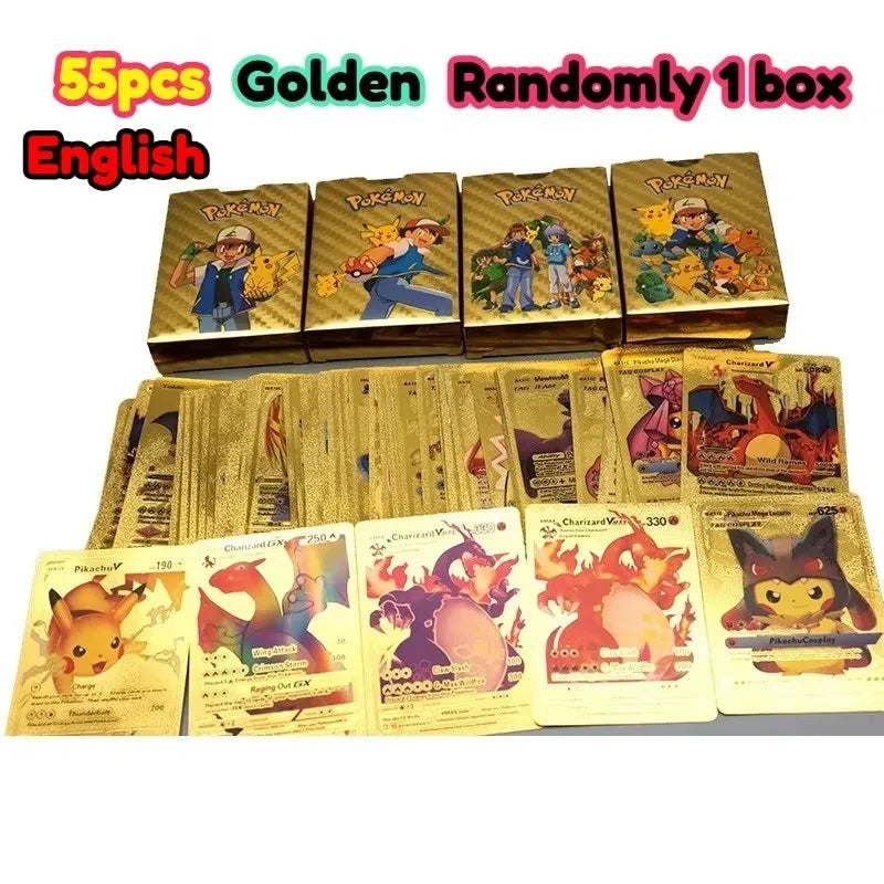 55pcs Boxed Pikachu Gold Silver Black 7color VSTAR GX V VMAX Card English Game Battle Carte Trading Collection Cards Gifts