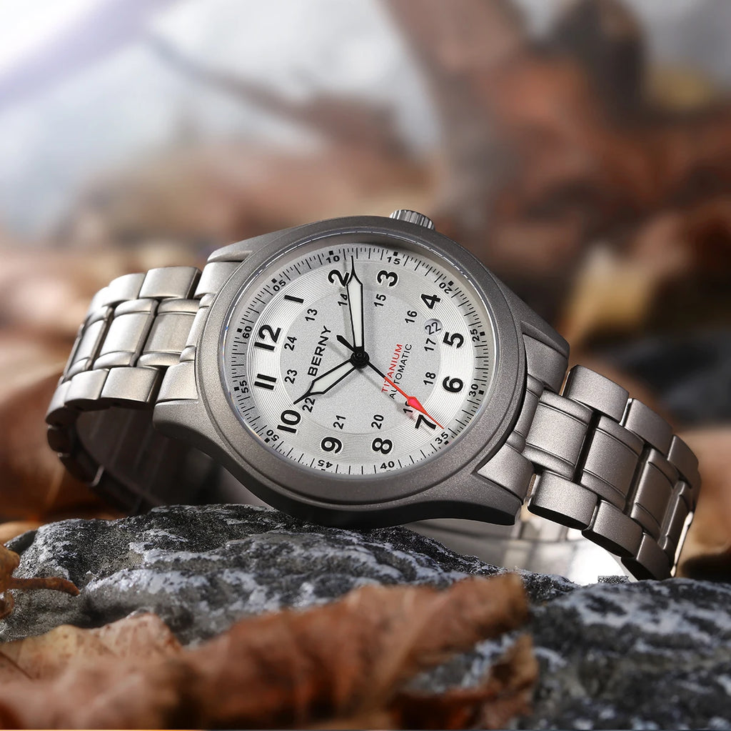 BERNY Titanium Automatic Men's Field Watches Date Sapphire Super Luminous Sports Easy Read Outdoor 10ATM Mechanical Pilot Watch