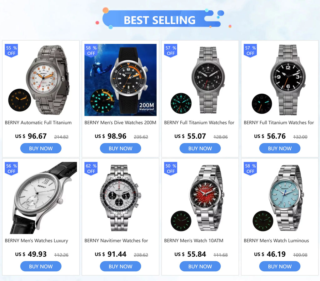 BERNY Titanium Automatic Men's Field Watches Date Sapphire Super Luminous Sports Easy Read Outdoor 10ATM Mechanical Pilot Watch