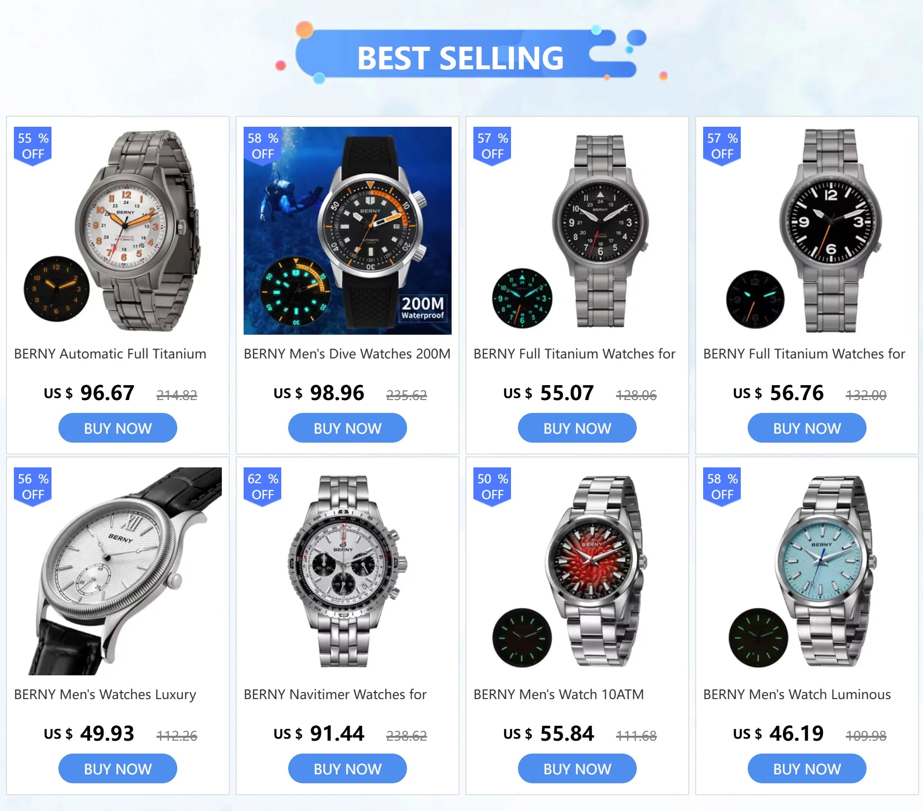 BERNY Titanium Automatic Men's Field Watches Date Sapphire Super Luminous Sports Easy Read Outdoor 10ATM Mechanical Pilot Watch