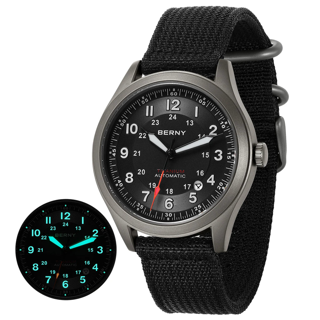 BERNY Titanium Automatic Men's Field Watches Date Sapphire Super Luminous Sports Easy Read Outdoor 10ATM Mechanical Pilot Watch