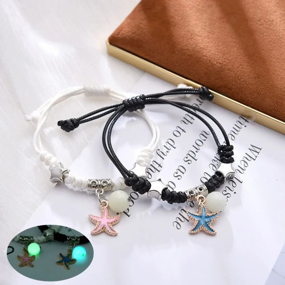 2Pcs Adjustable Luminous Beads Couple Bracelet Woven Rope Star Charms Bracelet Set Flower Key Lock Friendship Bracelet