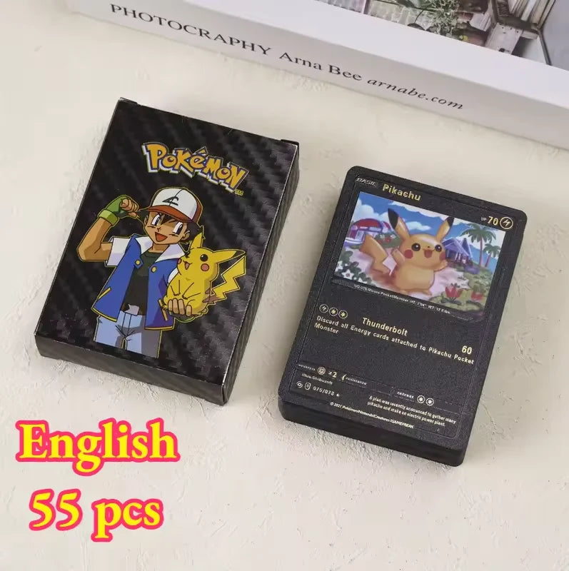 55pieces Pokemon Pikachu cards gold silver black Vmax GX Vstar English Spanish French German Combat Card Collection Toys Gift