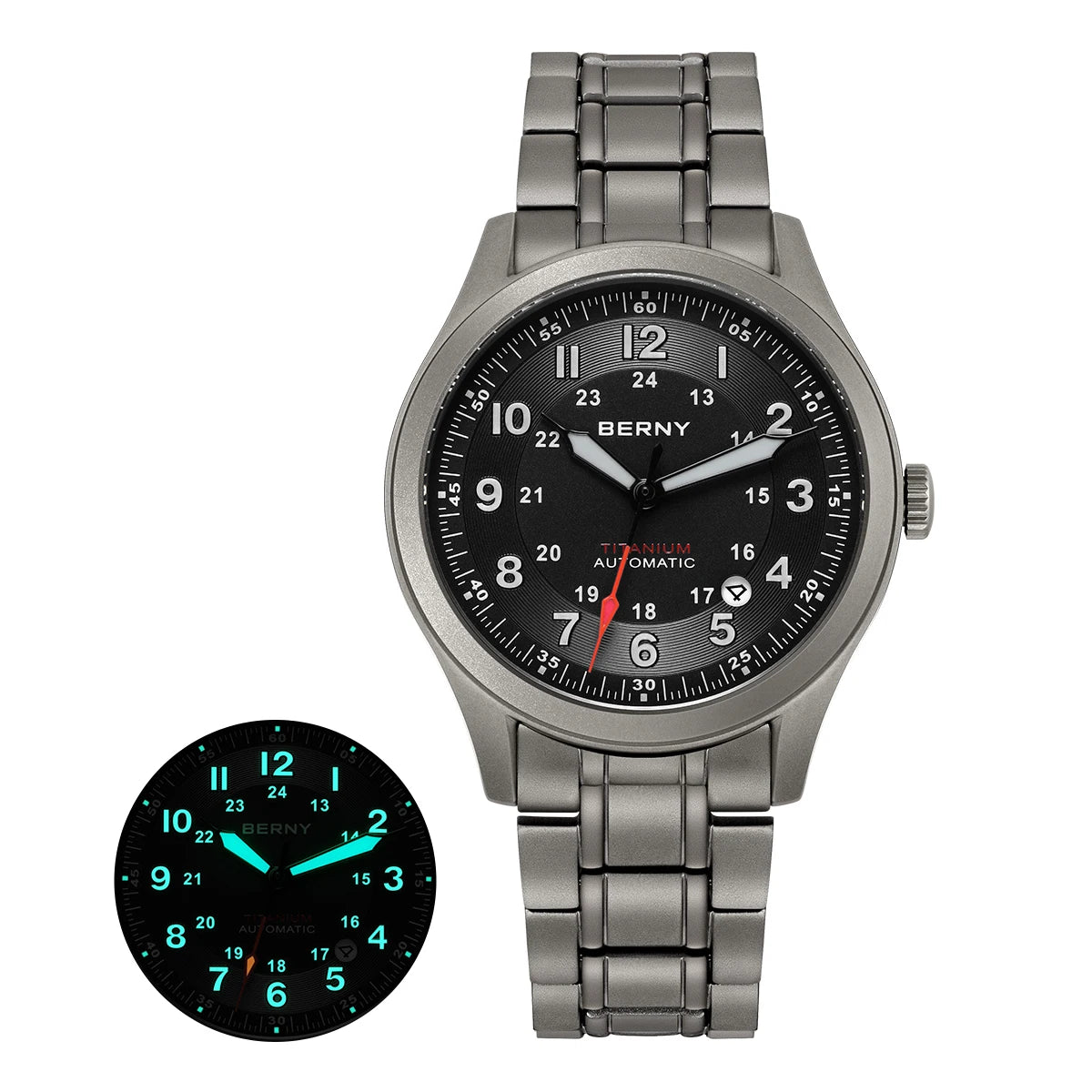 BERNY Titanium Automatic Men's Field Watches Date Sapphire Super Luminous Sports Easy Read Outdoor 10ATM Mechanical Pilot Watch