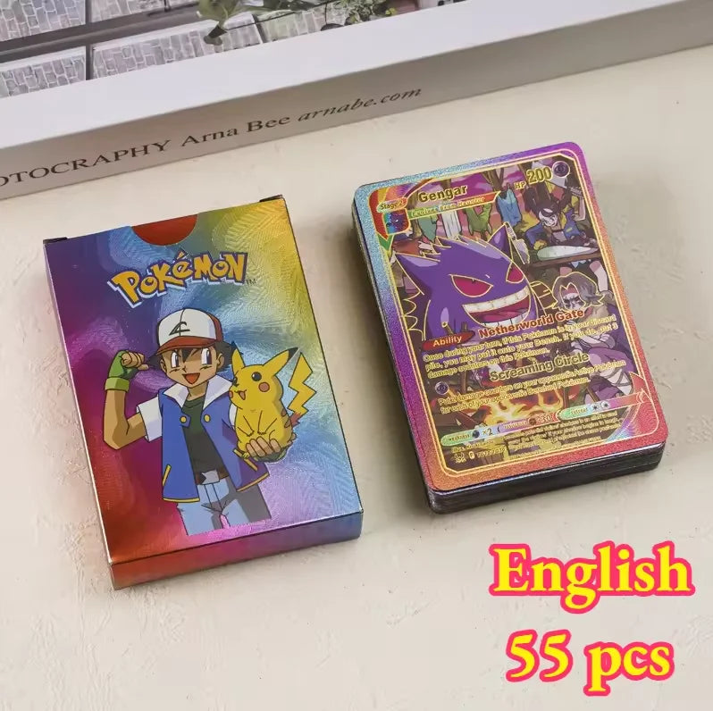 55pieces Pokemon Pikachu cards gold silver black Vmax GX Vstar English Spanish French German Combat Card Collection Toys Gift
