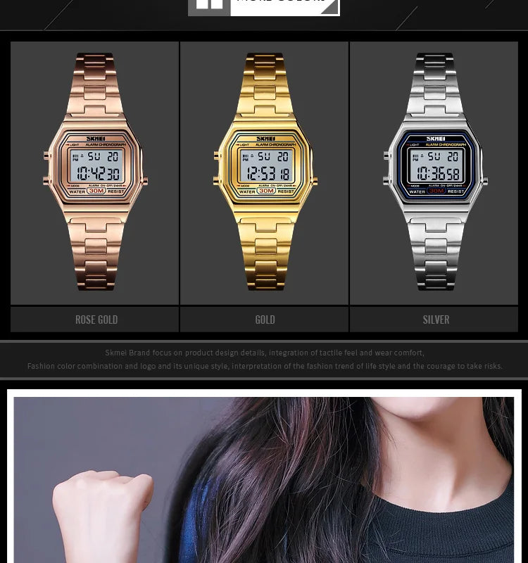 Skmei Women's Digital Sports Waterproof Bracelet Watch Luxury Stainless Steel Strap Shock Resistant Led Chronograph Alarm Clock
