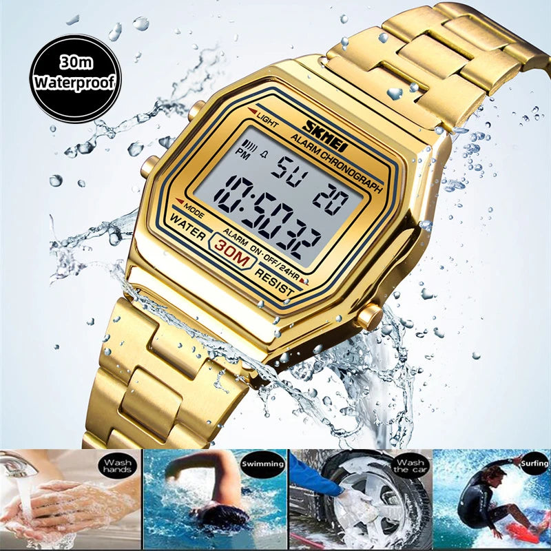 Skmei Women's Digital Sports Waterproof Bracelet Watch Luxury Stainless Steel Strap Shock Resistant Led Chronograph Alarm Clock