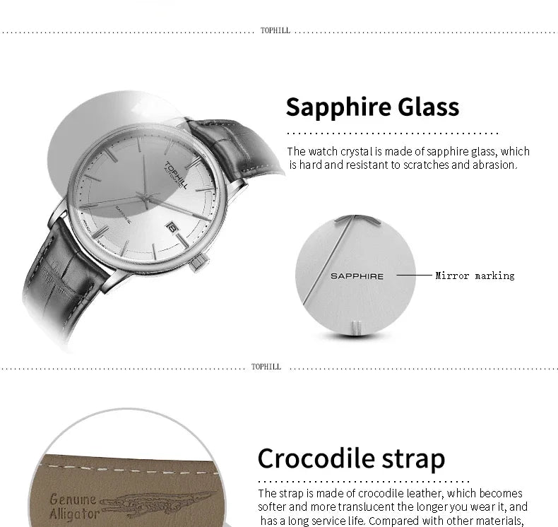 TOPHILL Stainless steel  Automatic Mechanical Men Watches High Quality Men Luxury Leather Watch Waterproof Bussiness Wristwatch