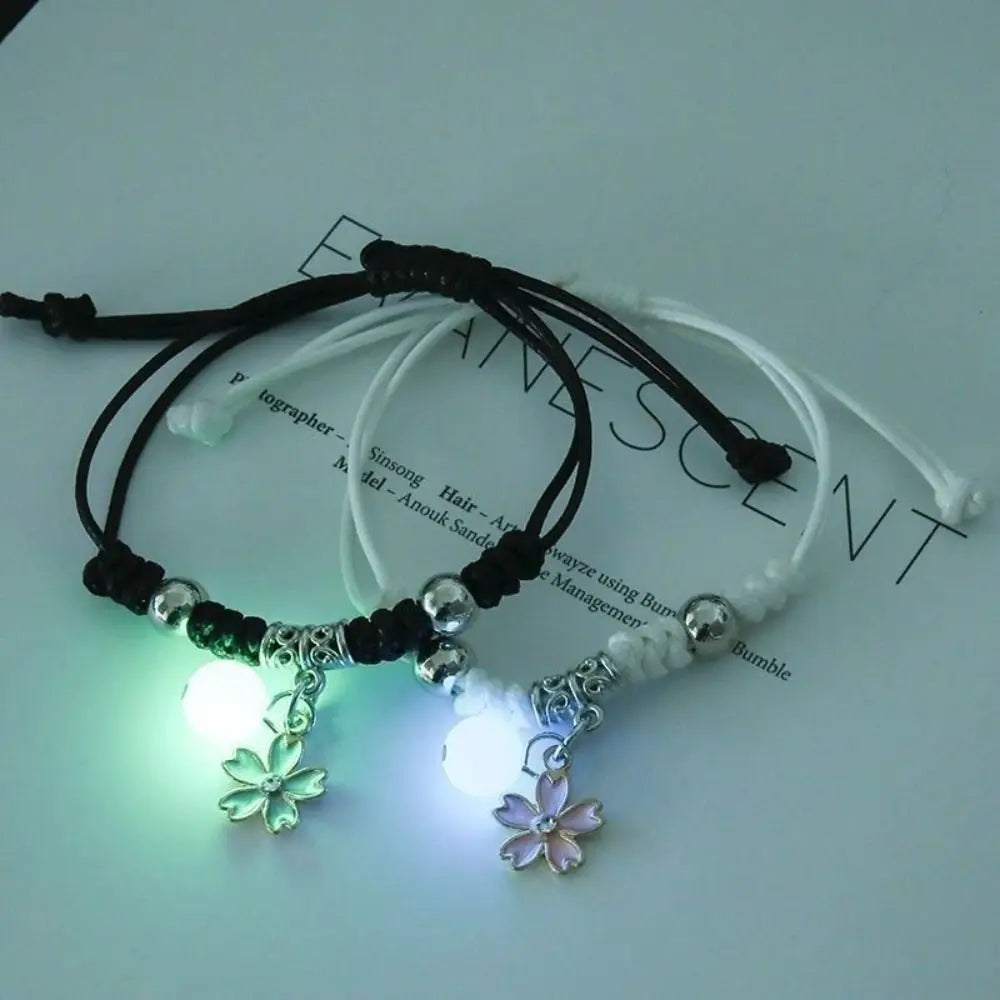2Pcs Adjustable Luminous Beads Couple Bracelet Woven Rope Star Charms Bracelet Set Flower Key Lock Friendship Bracelet