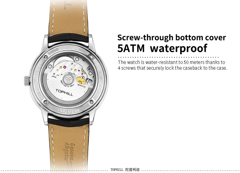 TOPHILL Stainless steel  Automatic Mechanical Men Watches High Quality Men Luxury Leather Watch Waterproof Bussiness Wristwatch