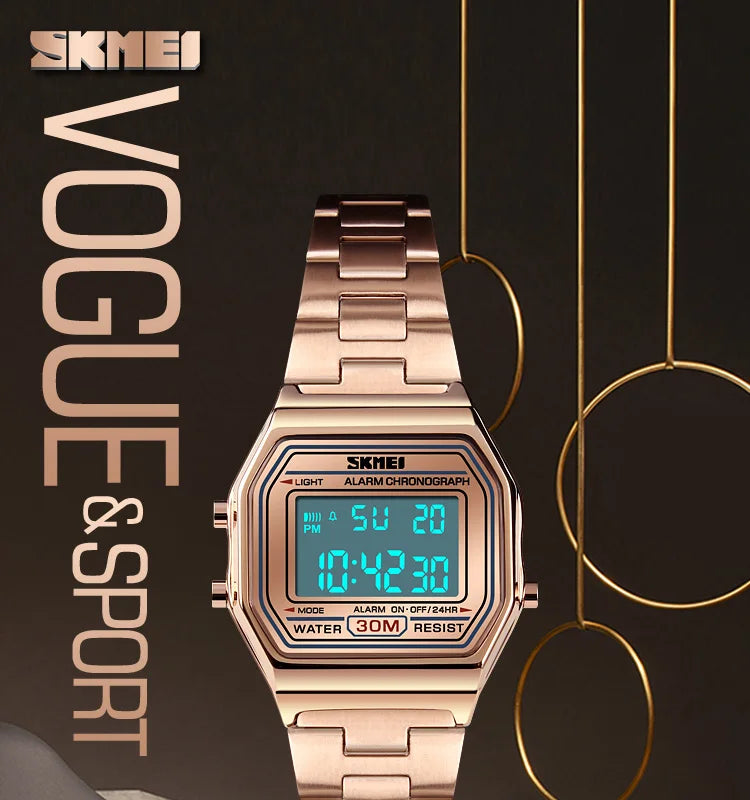 Skmei Women's Digital Sports Waterproof Bracelet Watch Luxury Stainless Steel Strap Shock Resistant Led Chronograph Alarm Clock