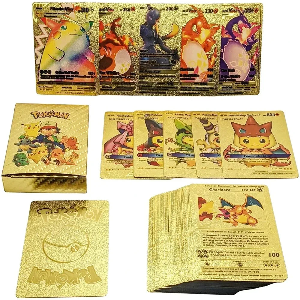 55pieces Pokemon Pikachu cards gold silver black Vmax GX Vstar English Spanish French German Combat Card Collection Toys Gift